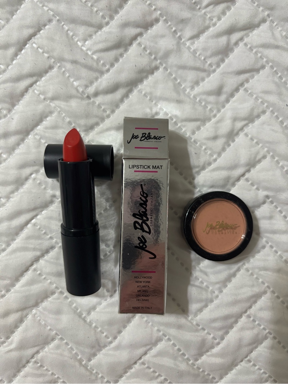 Joe Blasco Matte Lipstick - Red and peach eyeshadow or blush combo